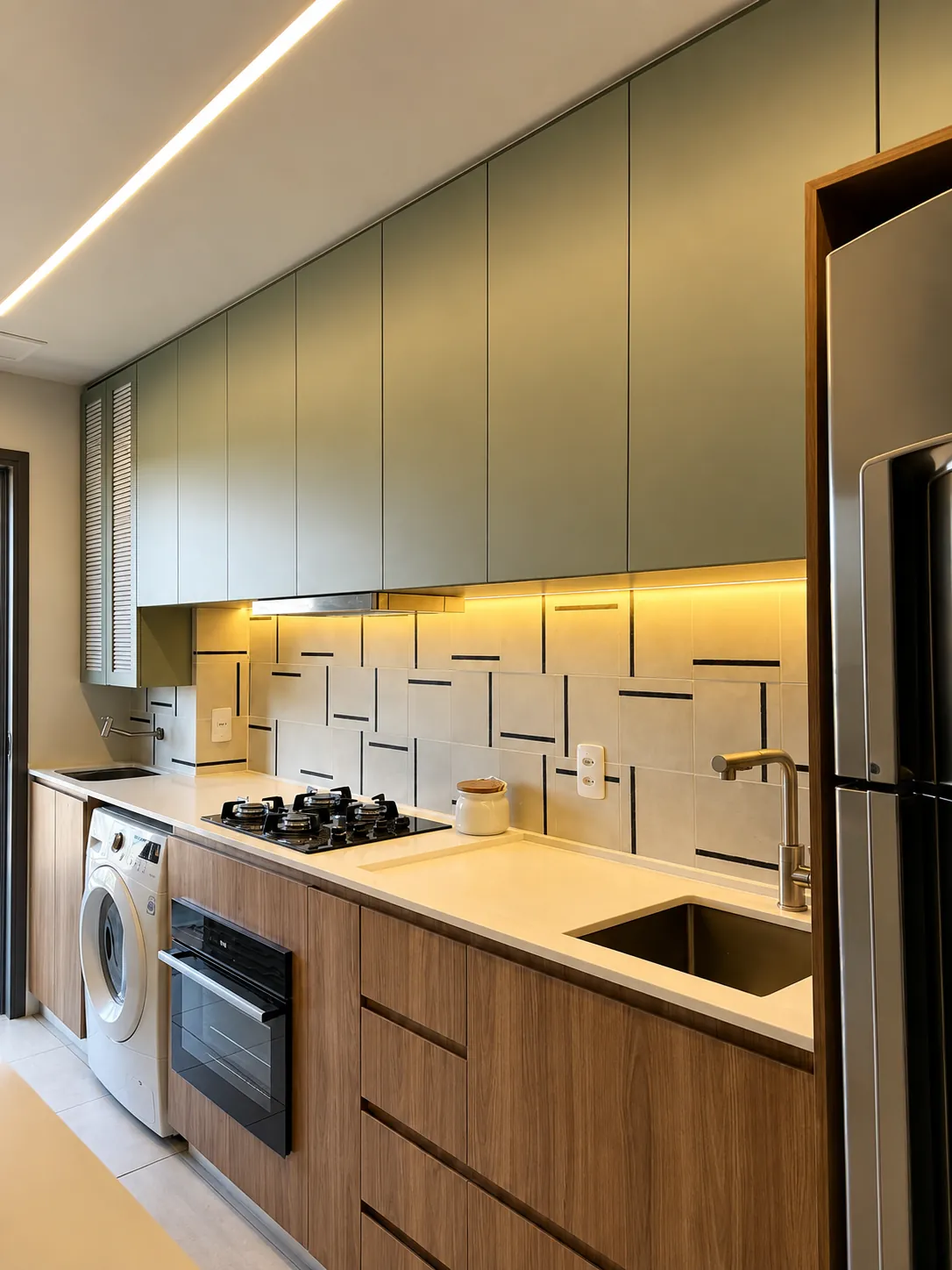 Cozinha corredor em verde e madeira